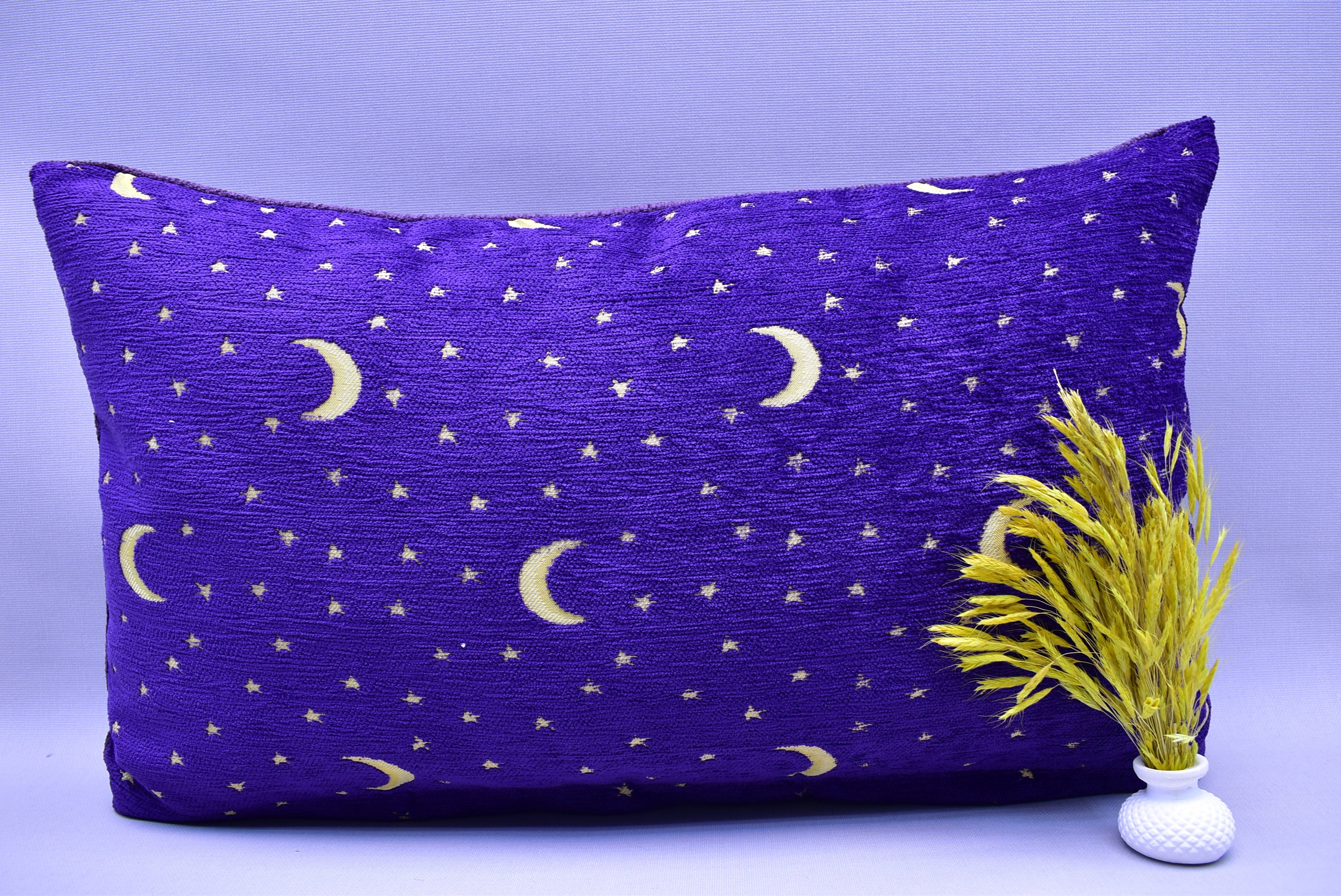 boho decor lumbar pilllow cover moon and star design purple color pillow cover chenille pillow cover throw pillow 12 x 20 inch couch pillows