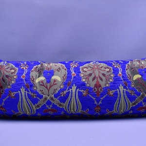 cobalt blue color turkish tulip pattern lumbar pillow cover 12 x 36 inch pillow soft chenille fabric pillow cover boho pillow rustic pillows