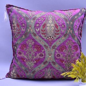 decorative magenta color boho pillow cover turkish tulip design throw pillow turkish designer chenille pillow 17 x 17 inch bohemian pillow
