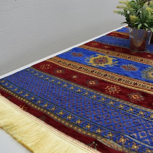 cobalt blue and red color turkish chenille fabric table runner 17 inch x 55 inch bohemian  table runner home decor table runner boho runner