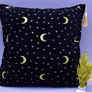 black color moon and star design throw pillow cover soft chenille pillow turkish boho pillow 17 x 17 inch decorative bedding pillow covers