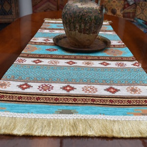 turquoise color decorative kilim design table runner turkish chenille fabric decorative table runner 17 inch x 42 inch bohemian decor runner