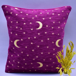 hot pink color moon and star pattern 12 inch x 12 inch decorative pillow cover boho decor turkish chenille pillow decorative throw pillow