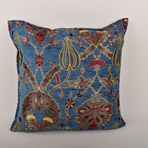 blue color tulip pattern pillow cover turkish chenille fabric pillow cover 17 x 17 inch decorative ottoman pillow bohemian throw pillows