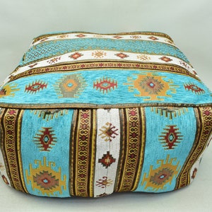 aqua blue color decorative floor pouf, 20 inch x 20 x 10 inch ottoman pouf, chenille fabric boho pillow, home decor pillow, picnic pillow