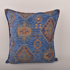 blue color ottoman kilim design soft chenille pillow cover home decor boho pillow turkish pillow accent pillow 17 x 17 inch gift pillows