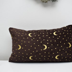 dark brown color moon and star design lumbar pillow cover 12 x 20 inch soft chenille fabric pillow cover boho pillow rustic throw pillows