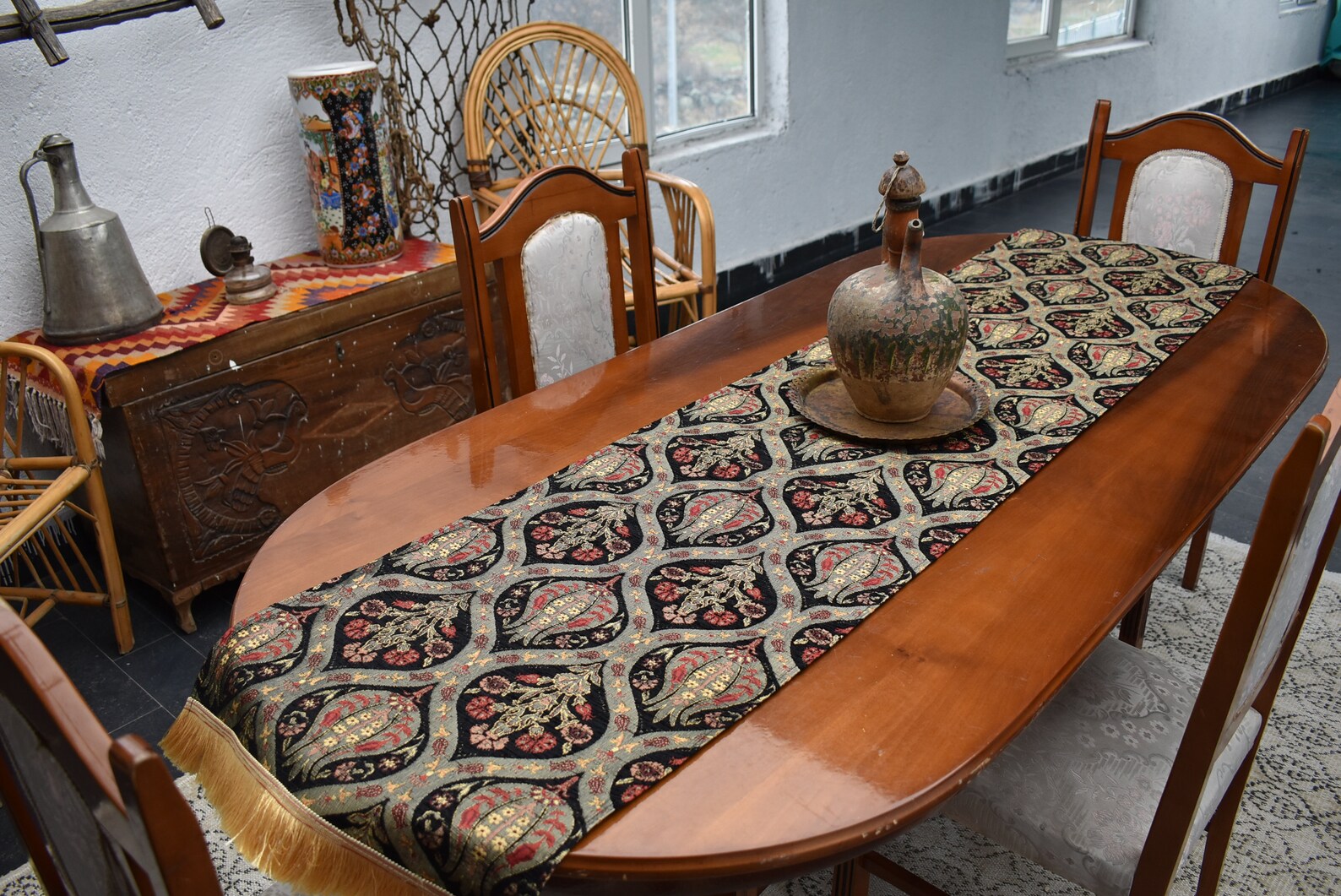 Black Color Table Runner Tulip Design Decorative Table Runner Etsy