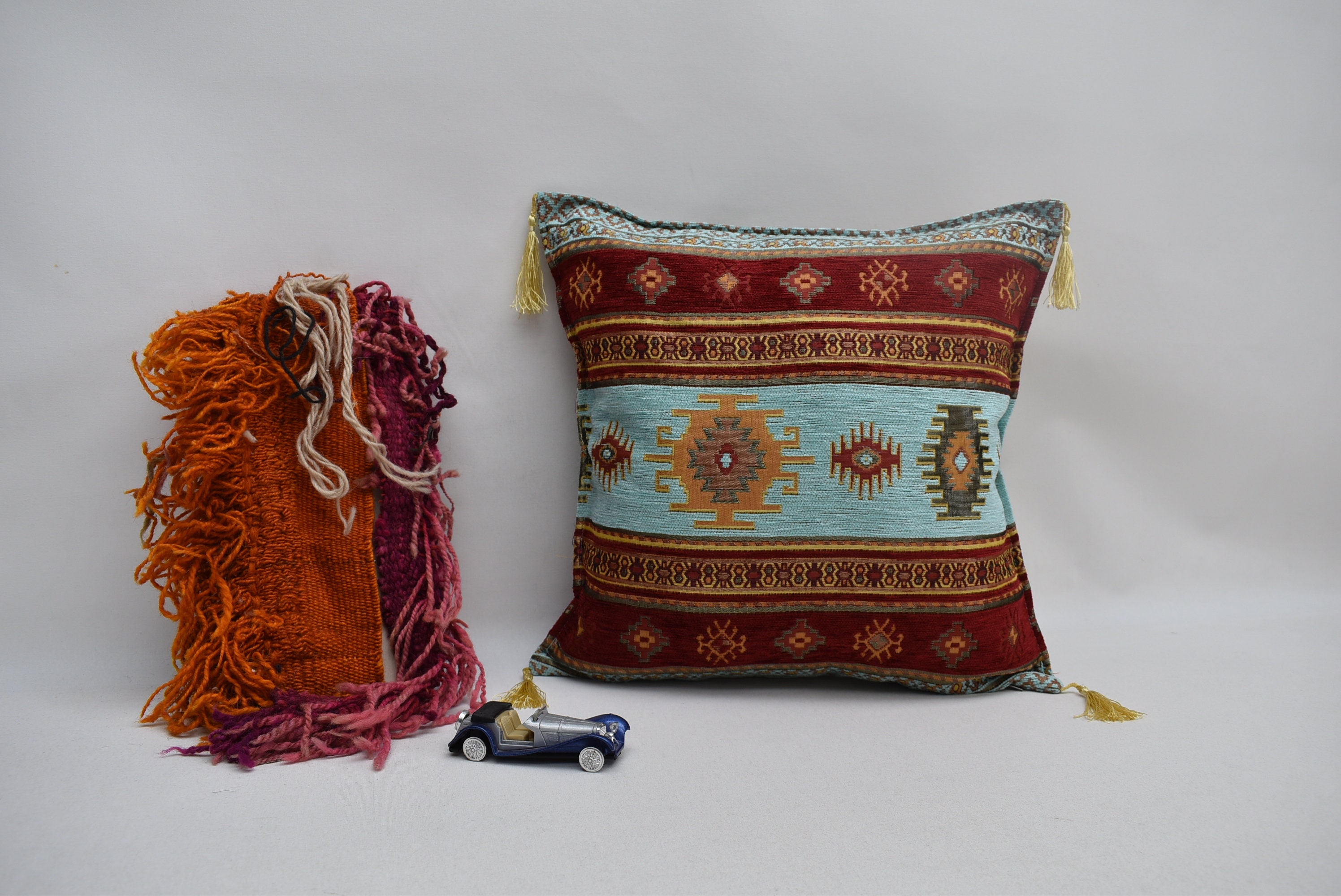 Soft Woven Chenille Fabric Brown Orange Red Aztec Kilim Designer Pattern Cushion