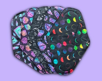 9.5" Magic 5 Set of Cloth Pads. Handmade + Designed in Australia. Crafted With Soft + Natural 100% Cotton Fabrics. Black Backing