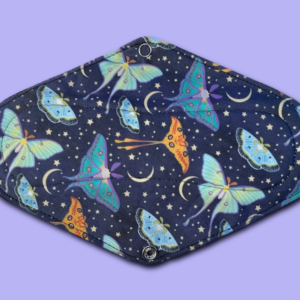 9.5" Moon Moths Cloth Pad. Handmade + Designed in Australia. Crafted With Soft + Natural 100% Cotton Fabrics. Black Backing