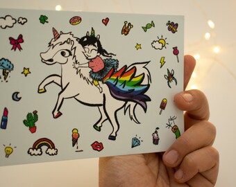 Unicorn, Rainbow, Postcard, regenbogen, Einhorn, cartoon,