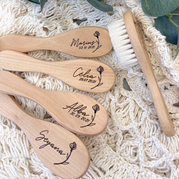 Brosse à cheveux pour bébé en bois personnalisée - Idée cadeau naissance - Brosse à poils doux personnalisable avec prénom - Cadeau baptême