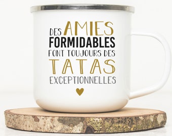 Mug émaillé citation Tata / amie - Tasse en métal - Annonce grossesse tata - Annonce grossesse - Annonce grossesse amie - Cadeau super tata