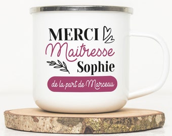 Mug émaillé personnalisé - Merci Maîtresse violet - Tasse en métal - Idée cadeau de remerciement à la maitresse - Cadeau maitresse original