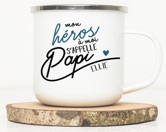 Personalized enamelled mug - Papi hero - Metal cup - Personalized grandfather gift - Happy birthday grandpa - Gift idea for grandpa