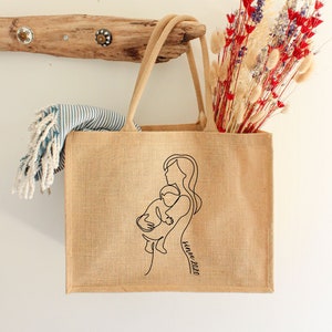 Cabas en jute personnalisé Maman et bébé Fête des mères Cadeau fête des mères Cadeau super maman Cabas jute personnalisable Sac image 1