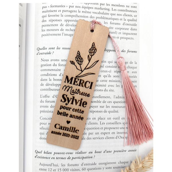 Marque page personnalisé en bois - Merci Maîtresse - Idée cadeau personnalisé - Fin d'année - Cadeau personnalisé original pour Maitresse