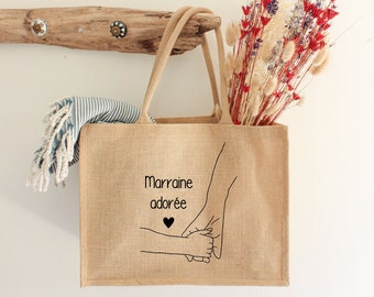 Cabas en jute à personnaliser - Main dans la main - Sac cabas personnalisable - Cadeau de fête des mères - One line art - Cadeau pour femme