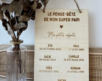 Pense-bête pour papy - idée cadeau pépé - cadeau en bois fête des grands-pères - Date anniversaire petits enfants - Idée cadeau pour papi