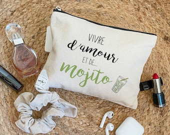 Pochette en coton - Vivre d'amour et de mojito - Trousse zippée | Idée cadeau noël - Noël personnalisé - Cadeau noël