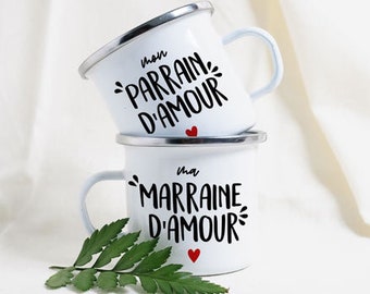 Duo of enamelled mugs - Godfather and Godmother of love - Metal cup- Pregnancy announcement