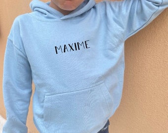 Pull bleu à capuche enfant personnalisé - Texte et cœur - Idée cadeau original pour enfant - Sweatshirt enfant à personnaliser - Cadeau bébé