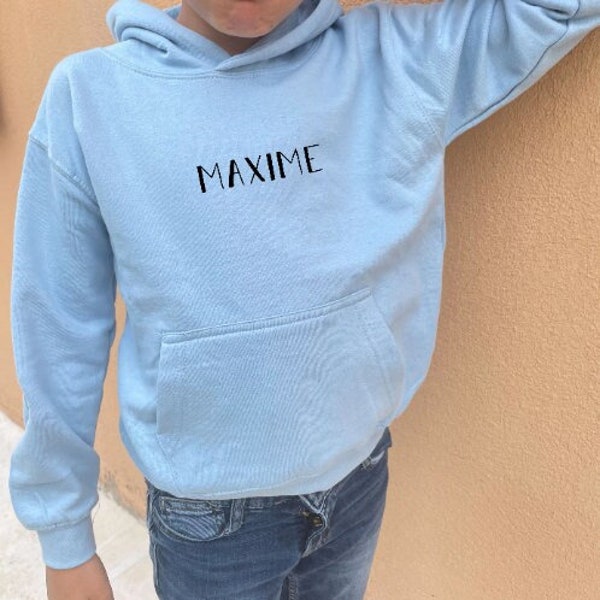 Pull bleu à capuche enfant personnalisé - Texte et cœur - Idée cadeau original pour enfant - Sweatshirt enfant à personnaliser - Cadeau bébé