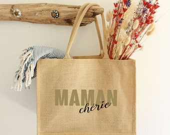 Cabas en jute - Maman chérie beige | Cadeau personnalisé famille - Sac cabas fête des mères - Sac de plage personnalisable - Maman d'amour