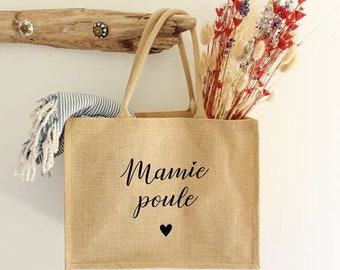 Cabas en jute - Mamie poule | Cabas personnalisable mamie - Cadeau pour grand-mère - Fête des mamies - Idée cadeau pour grands mères