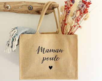 Cabas en jute - Maman poule | Fête des mères - Sac fête des mères - Cadeau maman - Cadeau de jour des mères - Fête des mamans - Sac cabas