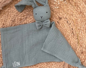 Doudou lange lapin personnalisé en gaze de coton - Cadeau de naissance en double gaze de coton - Doudou personnalisé - Prénom personnalisé