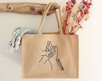 Cabas en jute à personnaliser - Mains de Famille - Sac cabas personnalisable - Cadeau de fête des mères - One line art - Cadeau maman