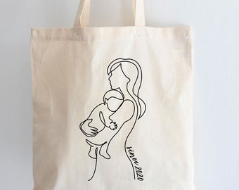 Tote bag personnalisé - Mère et enfant - Sac de course réutilisable | Cadeau maman - Cadeau personnalisé - Sac pour maman - Fête des mères