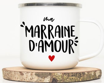 Mug émaillé pour marraine - Marraine d'amour - Tasse en métal vintage - Annonce grossesse originale Noël - Cadeau personnalisé pour marraine