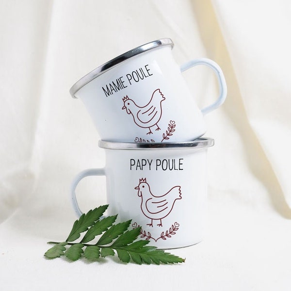 Duo de mugs émaillés - Mamie poule et papy poule vintage - Tasse en métal Noël | Noël pour les grands-pères - Mug de noël personnalisé papy