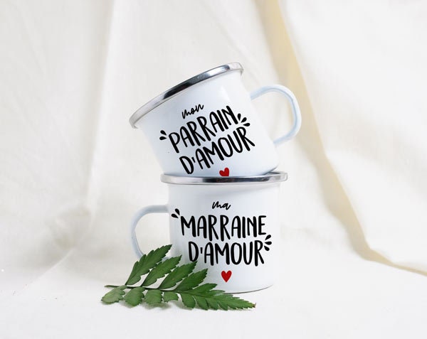 Duo de Mugs Émaillés - Parrain et Marraine d'amour Tasse en Métal- Annonce Grossesse