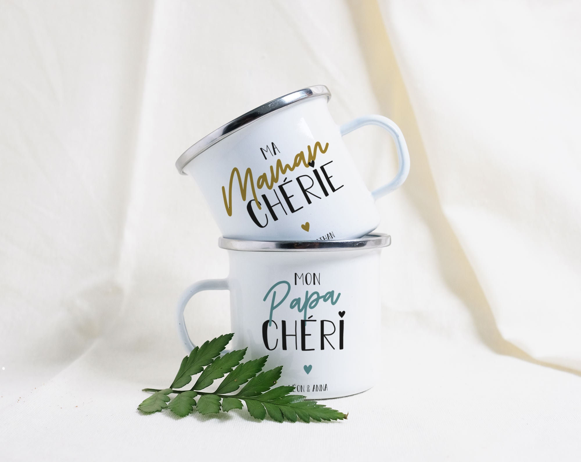 Duo de Mugs Émailles Personnalisés - Maman Chérie et Papa Chéri Tasse en Métal Idée Cadeau Noël Orig