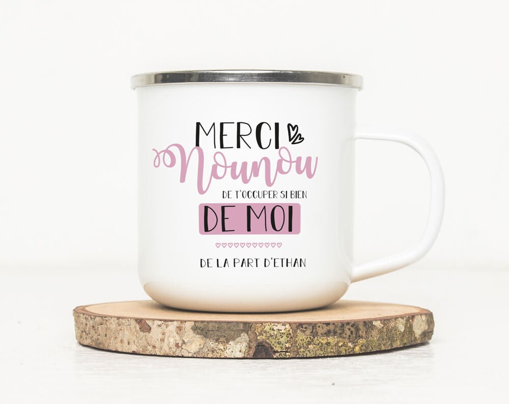 Mug en Métal Émaillé Personnalisé - Merci Nounou Rose Tasse Fête Des Nounou | Cadeau Remerciements F