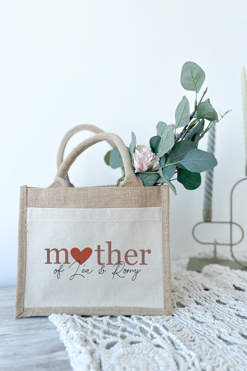 Mini sac en jute et coton personnalisé Mother of Cadeau fête des mères Sac cabas jute personnalisable Cadeau pour maman Prénoms image 1