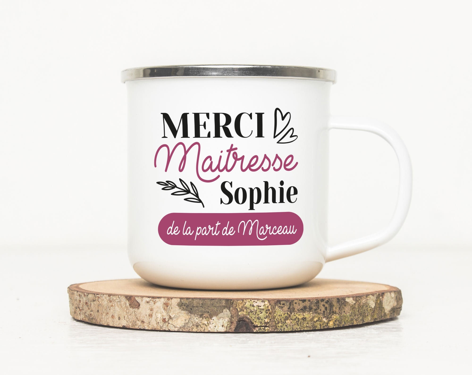 Mug Émaillé Personnalisé - Merci Maîtresse Violet -Tasse en Métal Idée Cadeau de Remerciement à La M