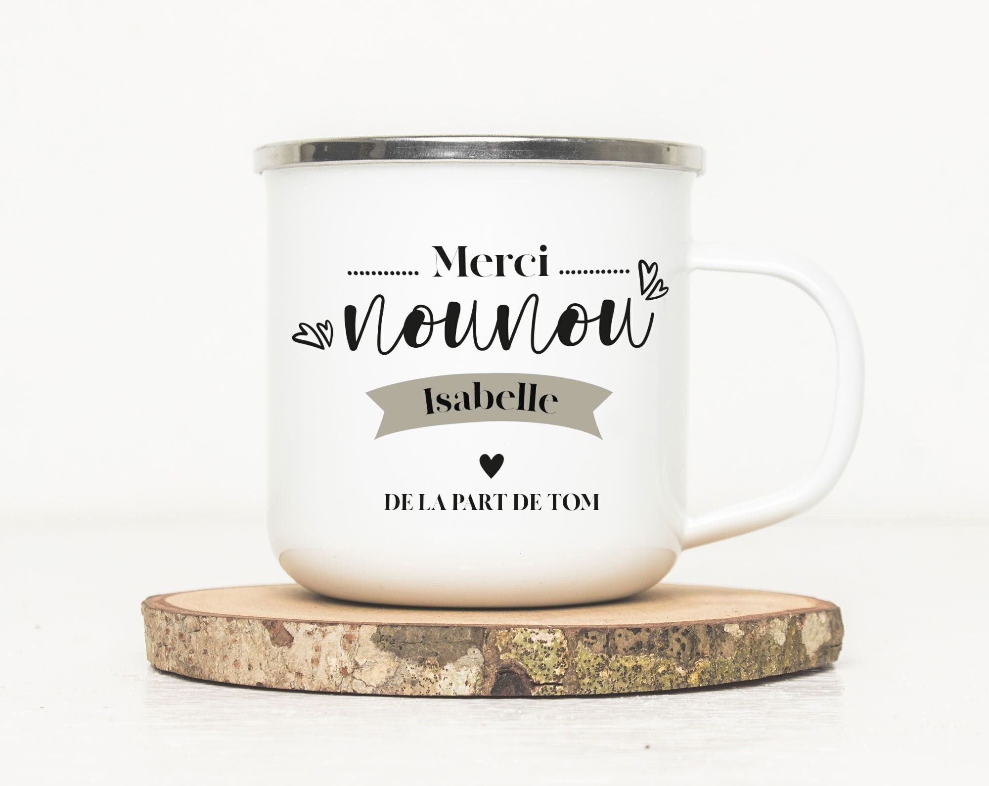 Mug en Métal Émaillé Personnalisé - Merci Nounou Beige | Tasse Cadeau Nounou Remerciements de Nounou