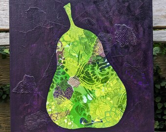 Pear painting, collage, canvas, original painting, mixed media art, textured art, 12x12 inch, wall art, home decor, fruity, pop of colour