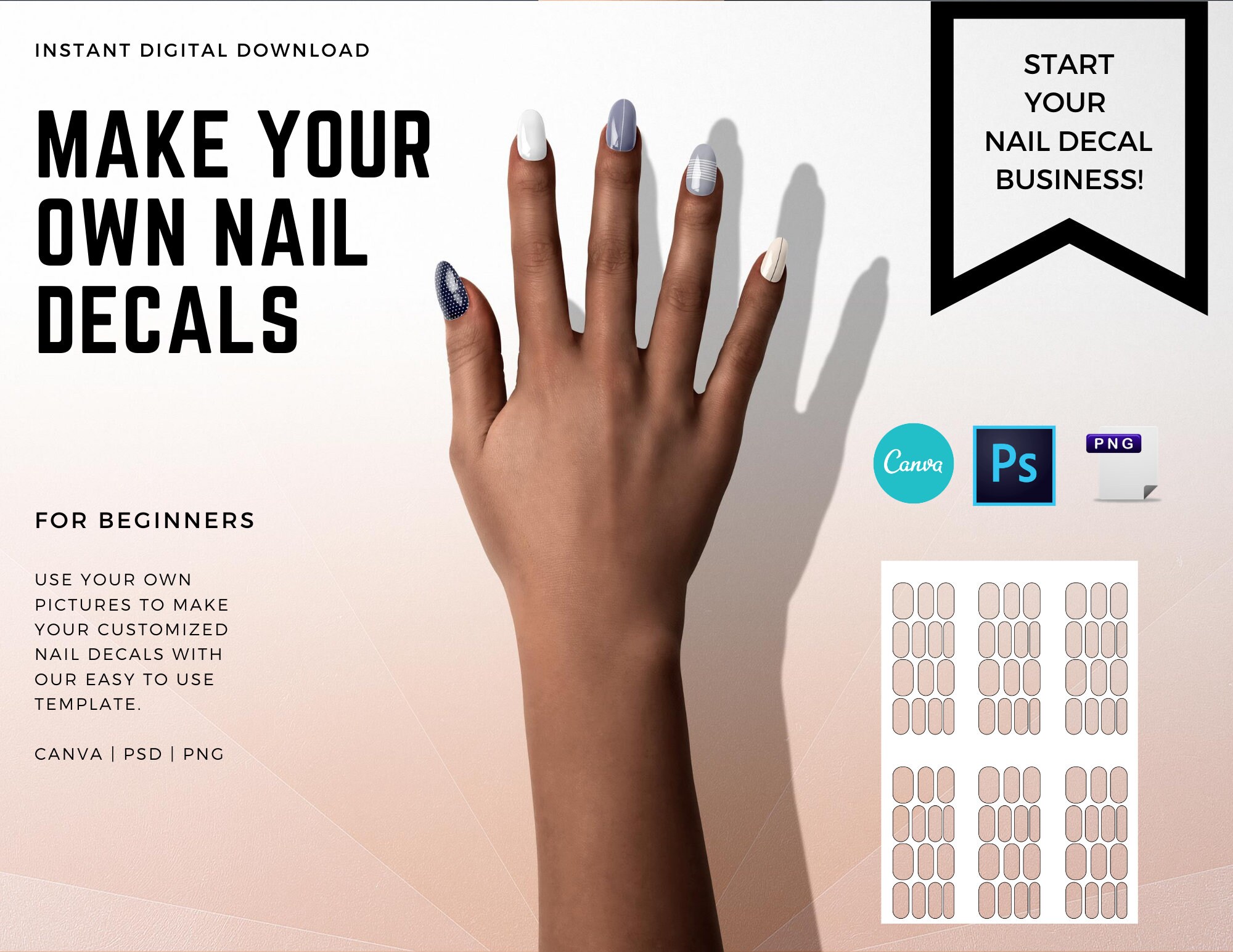Digital Waterslide Nail Decal Template - Instant Download | Includes 1 fully customizable nail template
