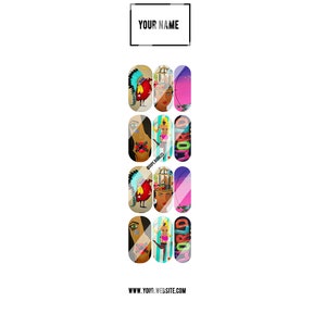 May include: A set of 10 colorful nail wraps featuring various designs, including a bird in a cage, a woman with a bird on her head, and a woman with a crown. The nail wraps are arranged in a vertical row on a white background. The text "YOUR NAME" is at the top of the image, and the text "WWW.YOUR.WEBSITE.COM" is at the bottom.