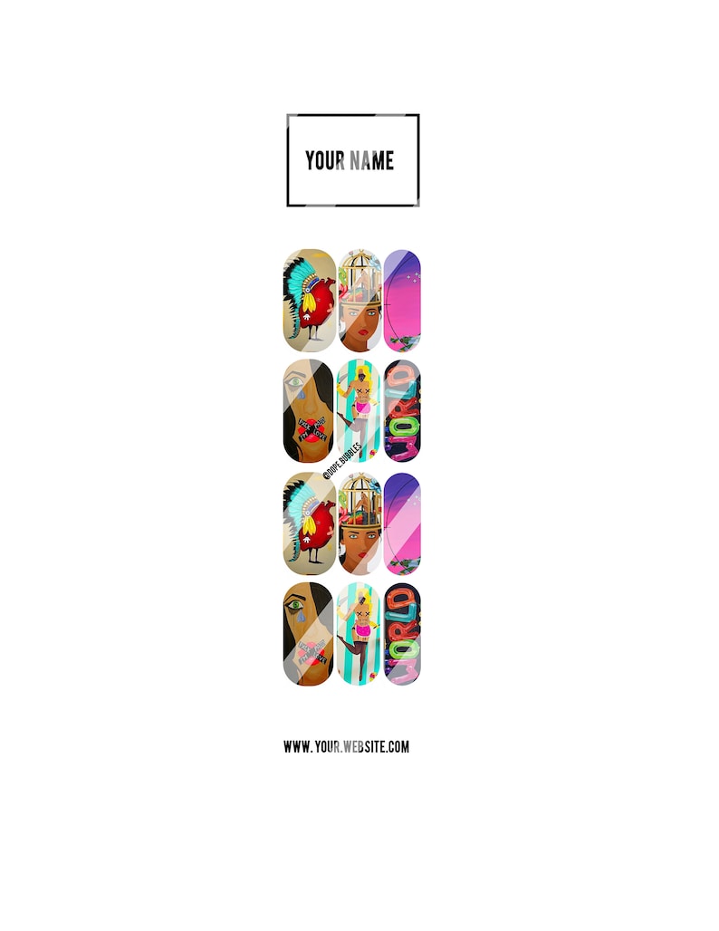 May include: A set of 10 colorful nail wraps featuring various designs, including a bird in a cage, a woman with a bird on her head, and a woman with a crown. The nail wraps are arranged in a vertical row on a white background. The text "YOUR NAME" is at the top of the image, and the text "WWW.YOUR.WEBSITE.COM" is at the bottom.