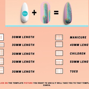 May include: A graphic showing different nail sizes and lengths for manicures, children's nails, and toes. The sizes are shown in a grid format with the length of each nail indicated in millimeters. The text "Canva" is visible on the image.