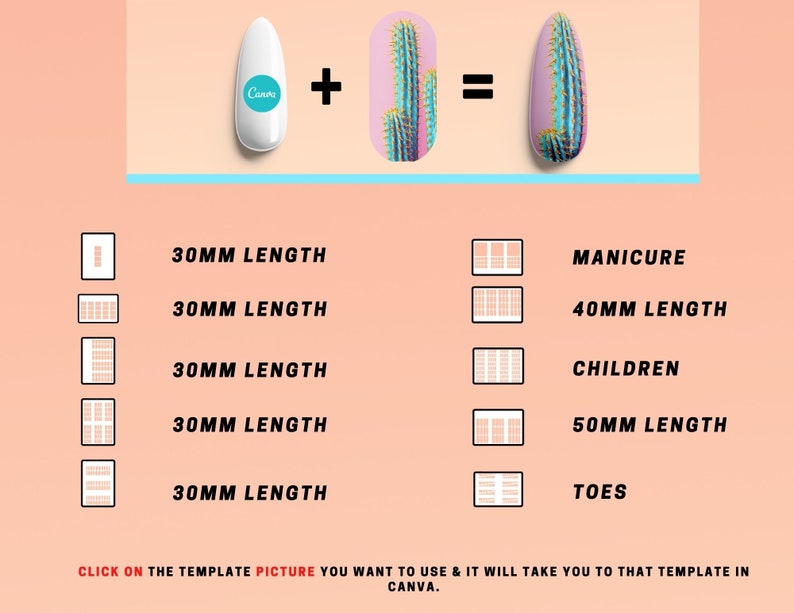 May include: A graphic showing different nail sizes and lengths for manicures, children's nails, and toes. The sizes are shown in a grid format with the length of each nail indicated in millimeters. The text "Canva" is visible on the image.
