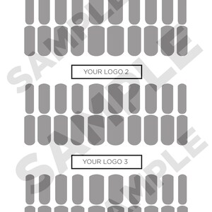 May include: A printable nail polish guide with three sections labeled "Your Logo 1", "Your Logo 2", and "Your Logo 3". Each section has 10 rows of 10 gray nail polish swatches.
