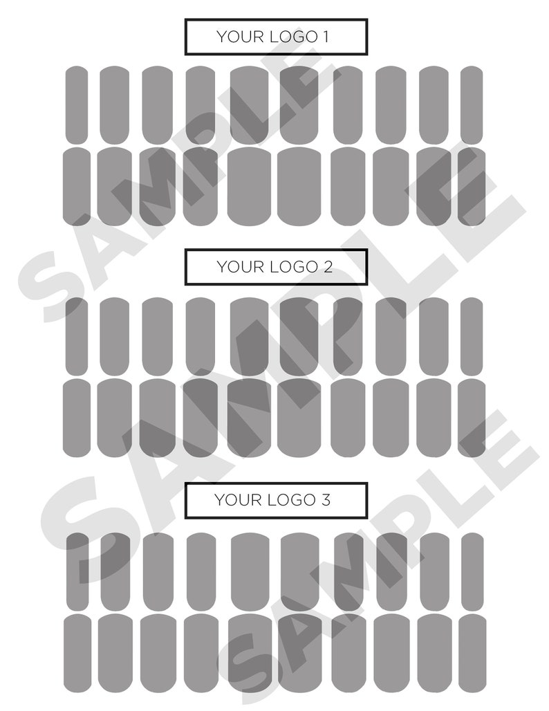 May include: A printable nail polish guide with three sections labeled "Your Logo 1", "Your Logo 2", and "Your Logo 3". Each section has 10 rows of 10 gray nail polish swatches.
